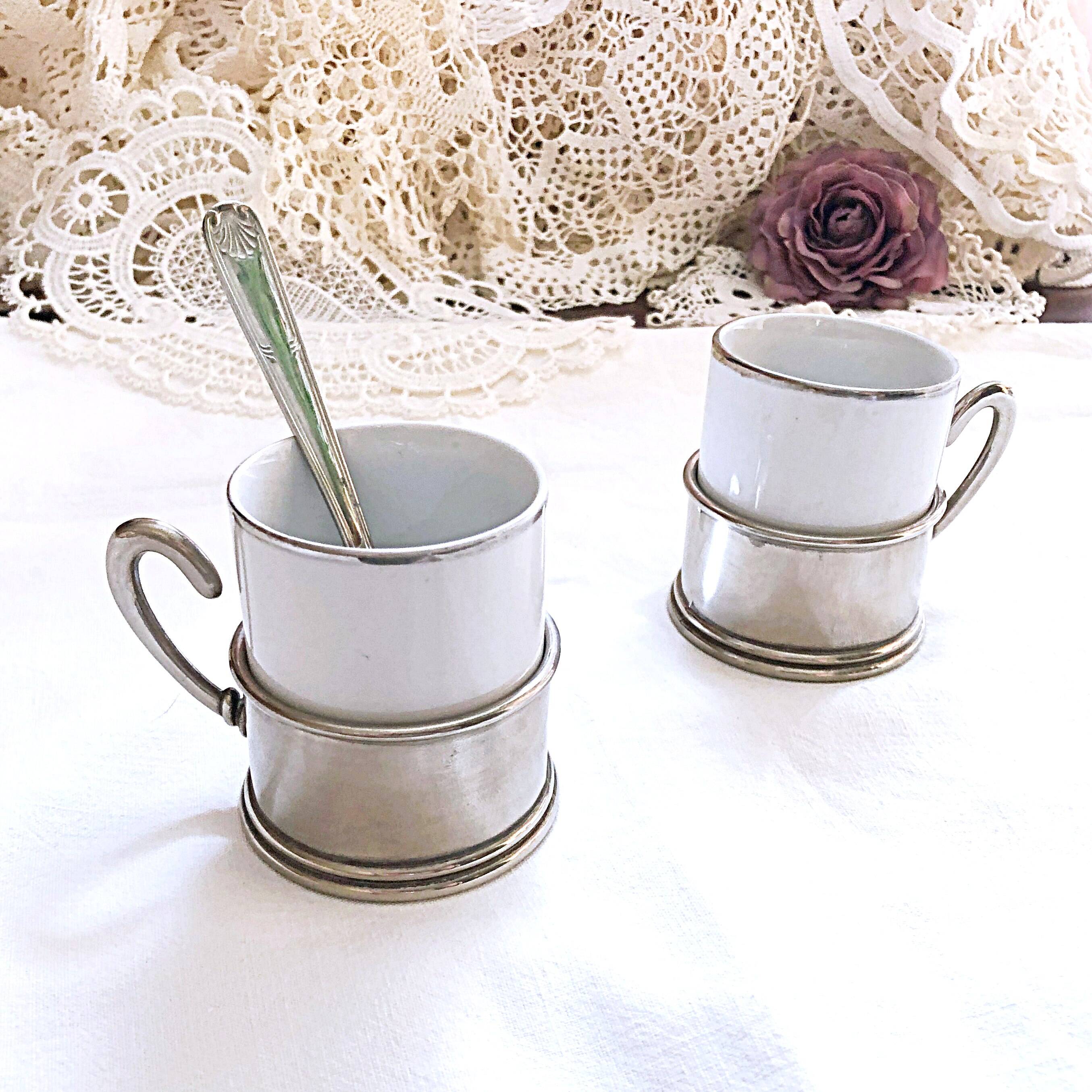 Duo Italian Porcelain Cups with Vintage Monopoly Pewter Holder