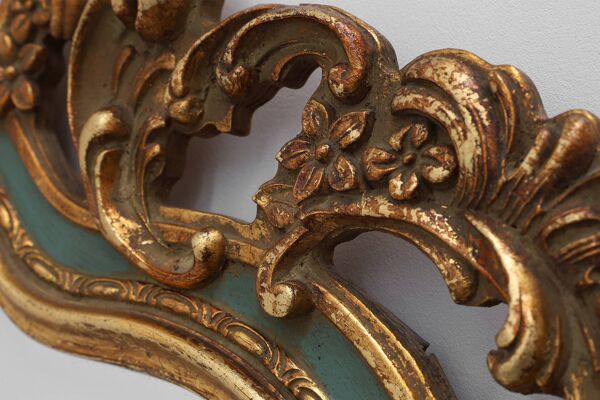 Miroir baroque belge doré de style Louis XV avec étiquette « Knitter-Duro Brevete »