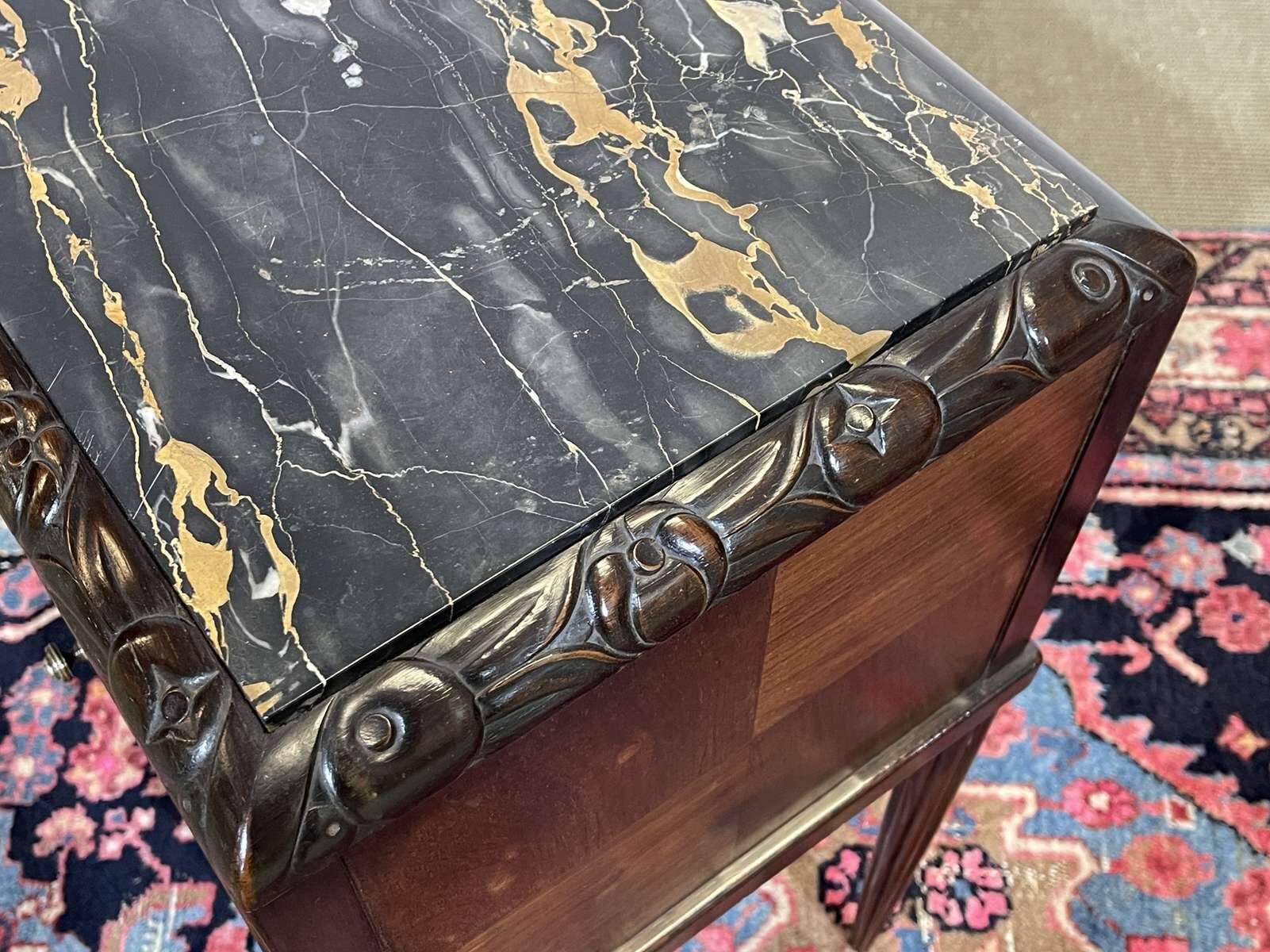 Art Deco bedside table in rosewood, walnut burl, and marble top.