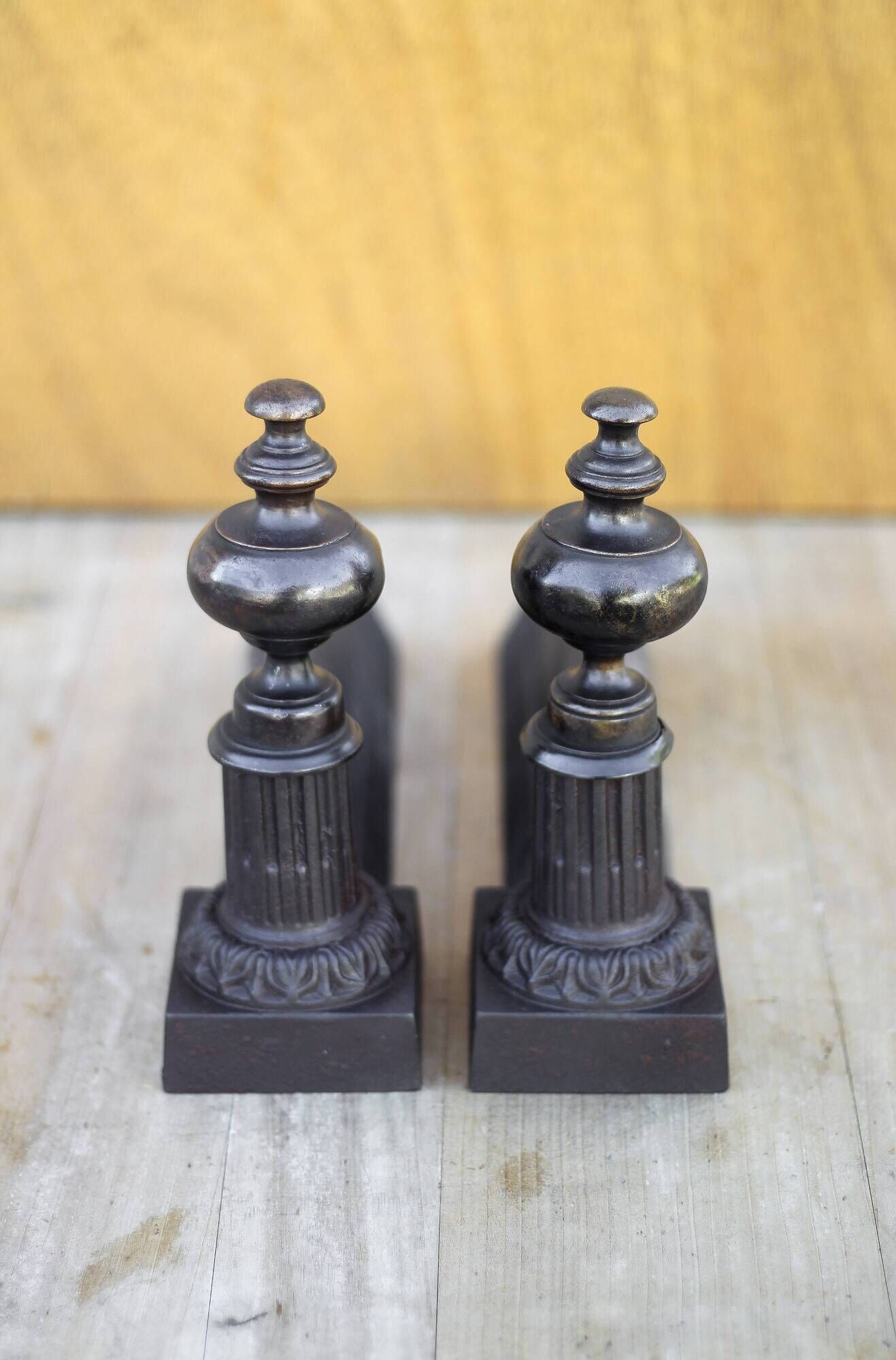 Vintage andirons, pair of andirons, fireplace accessory, brass and cast iron andirons