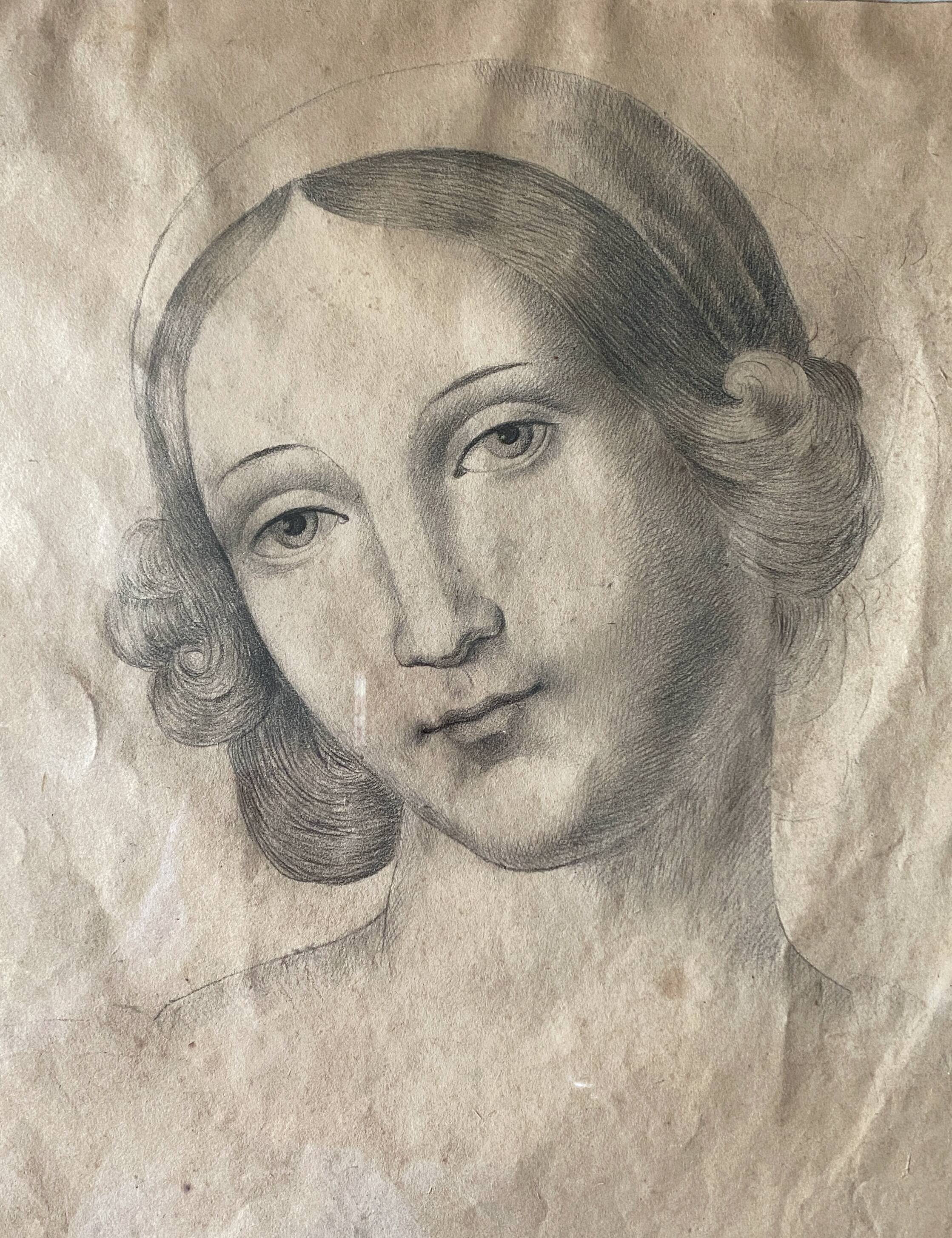 Painting drawing "Portrait of woman" nineteenth century lead mine signed Mauder