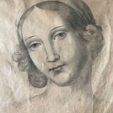 Painting drawing "Portrait of woman" nineteenth century lead mine signed Mauder