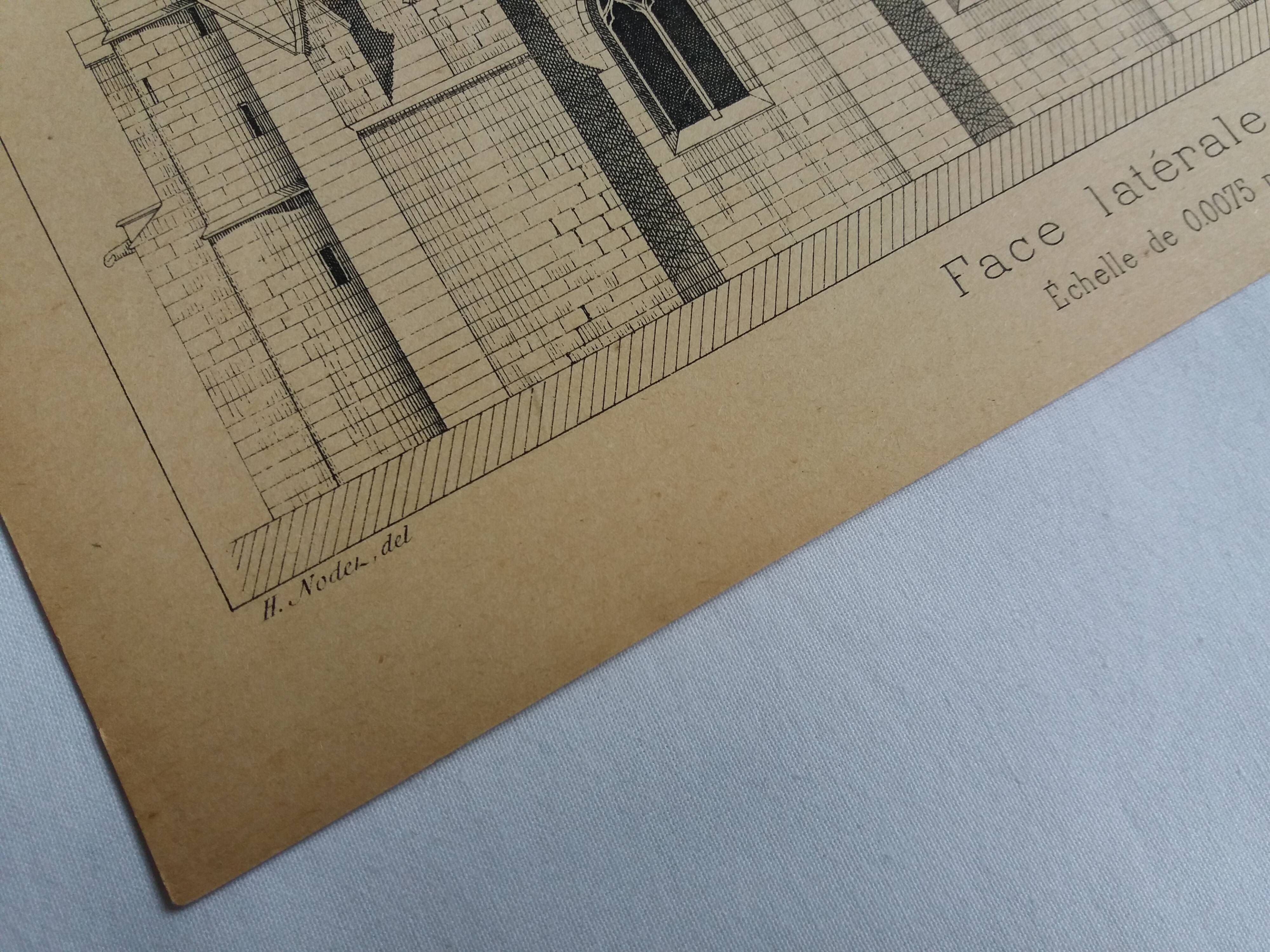 Ancient lithograph architecture façade of a church