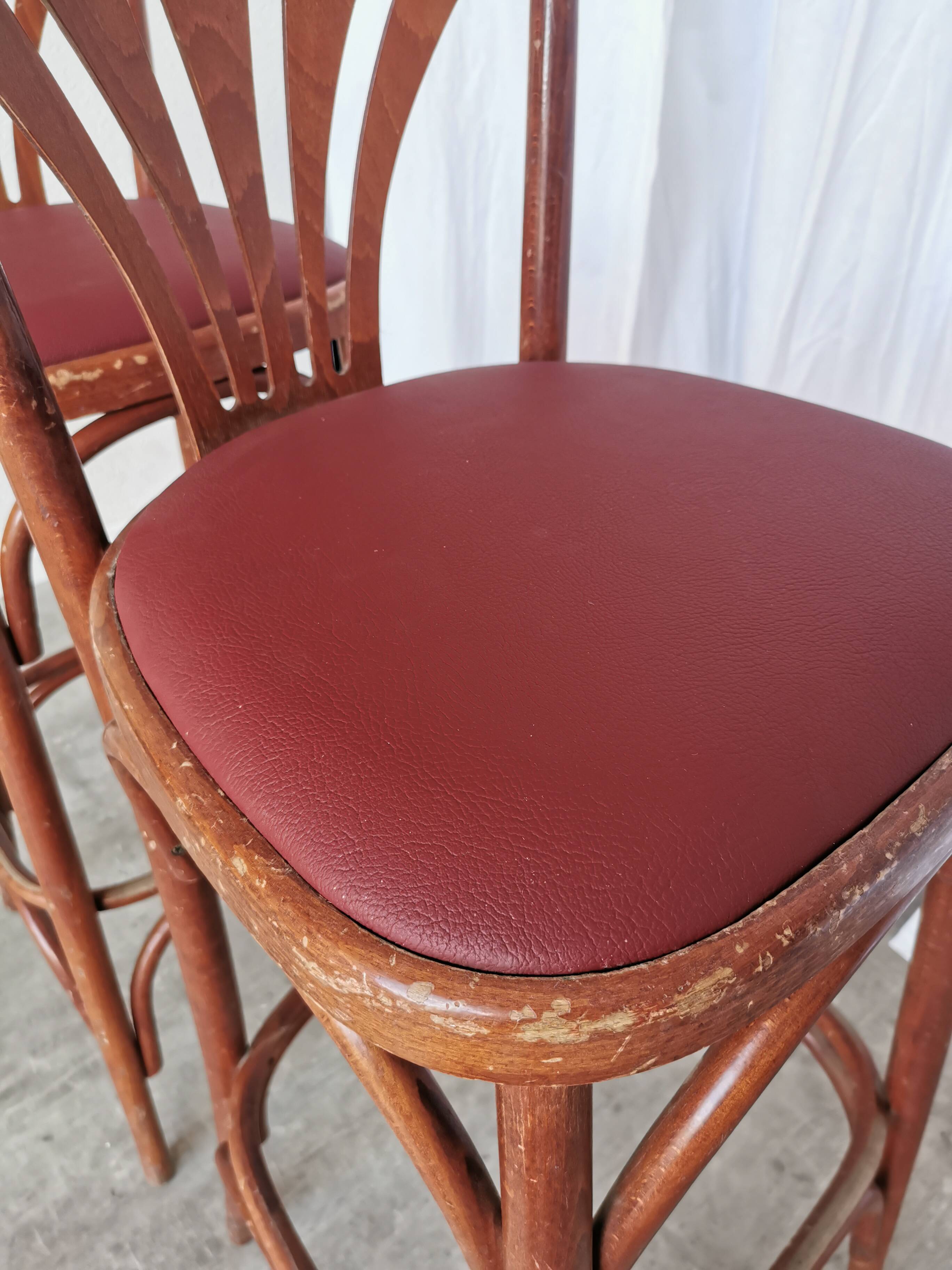 Mid-Century Thonet Style Bar Stools: Red Faux Leather Seat, Set of 2