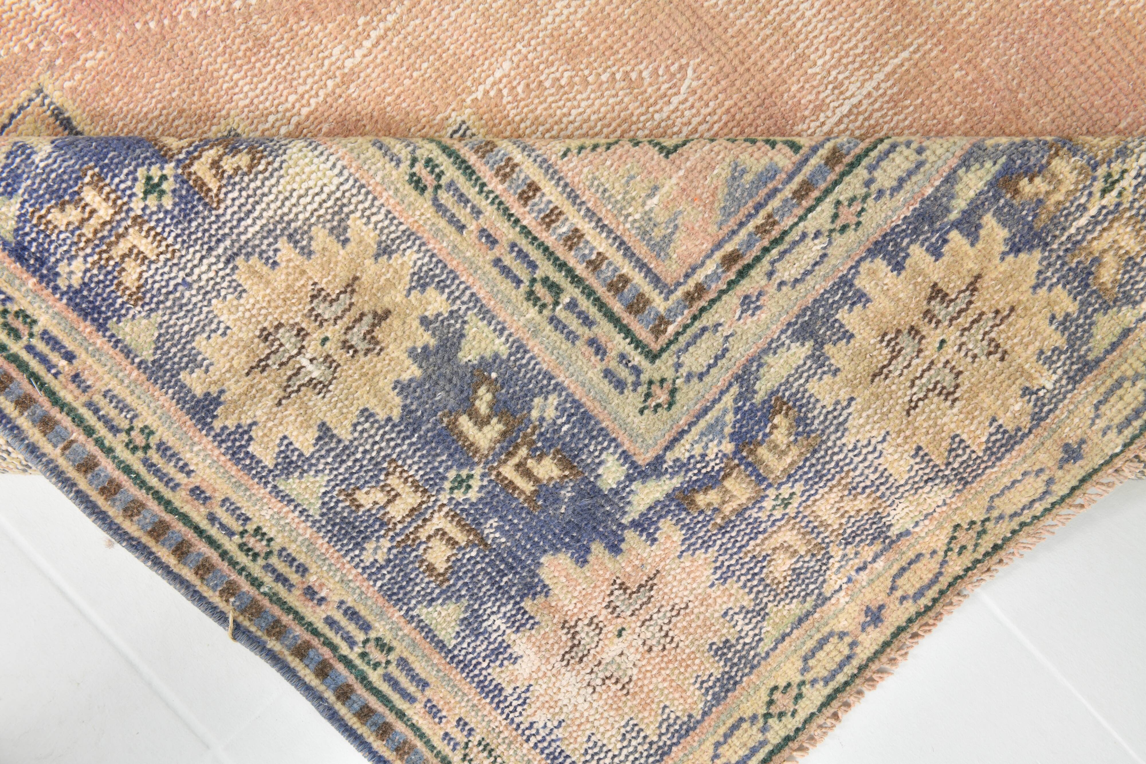 Grand Tapis Oushak Vintage, Laine Fait Main, Pêche et Bleu, 194x267 Cm