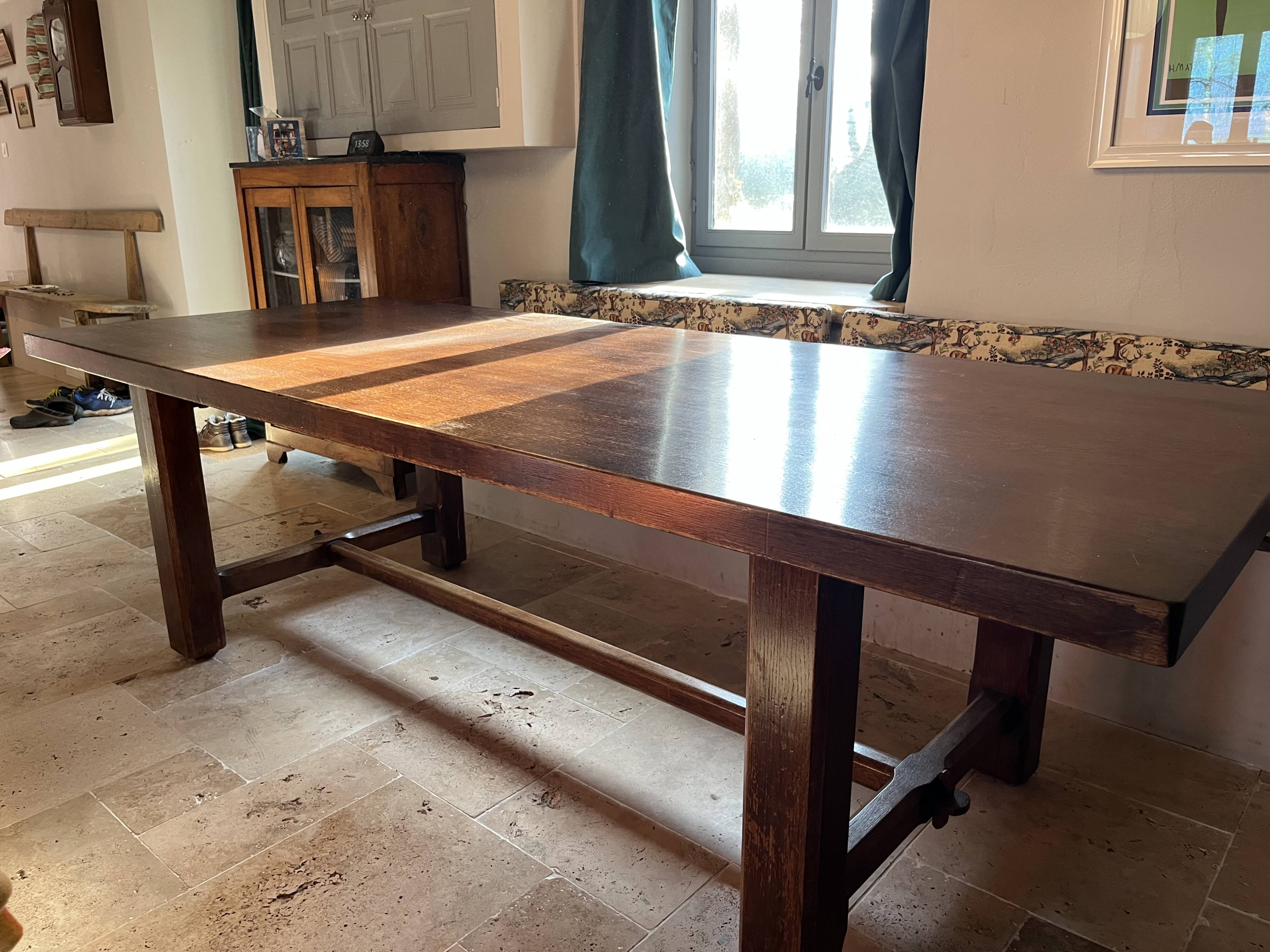 Solid vintage oak dining table in refectory style. Seats 8–10 people.