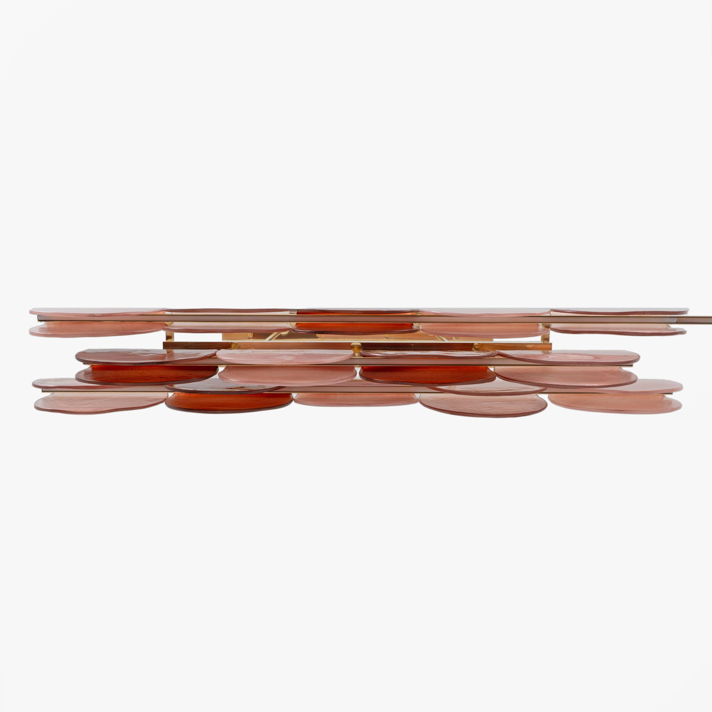 Italian Murano Glass and Brass Modular Linear Chandelier in Pink and Red