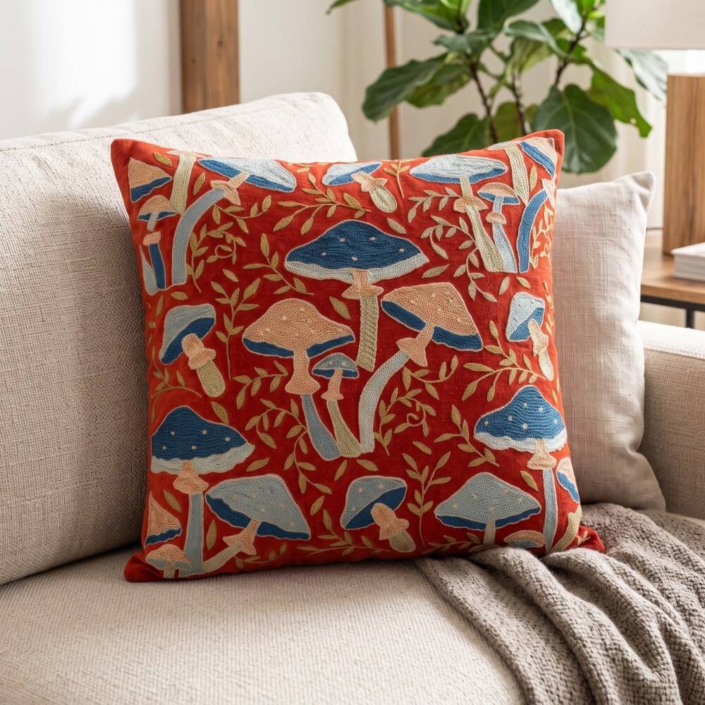 Silk Embroidered Mushroom Pattern Cushion Cover. Red Suzani Throw Pillow Case. Traditional Accent Pillow