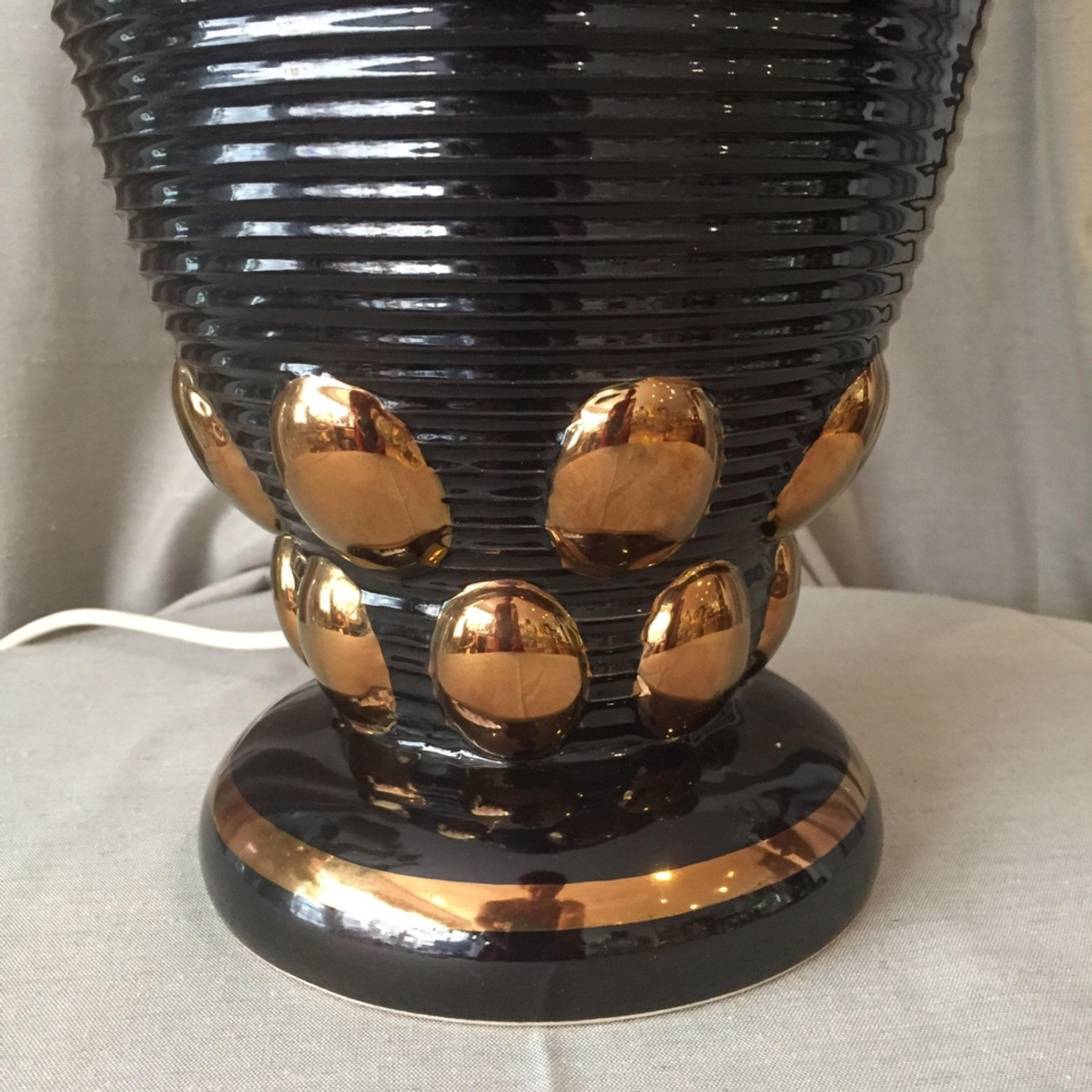 ORIGINAL EARTHENWARE LAMP OF ST CLEMENT ART DECO BLACK AND GILDED VASE CORNET