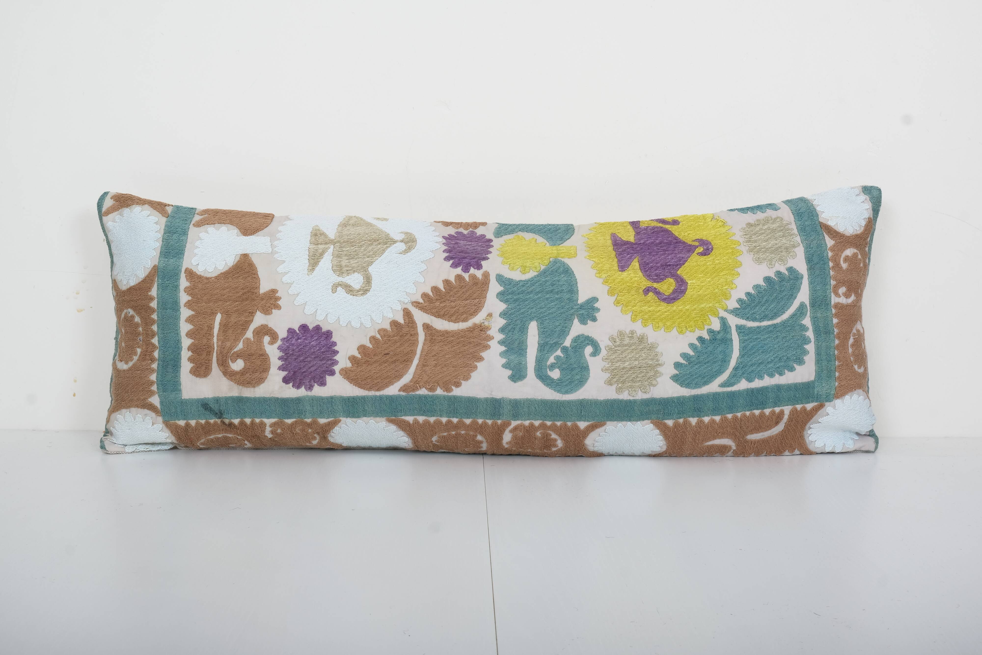 10" x 30" Lumbar King Bed Vintage Cotton Suzani Pillow Cover, Exquisite White Washed Colorful