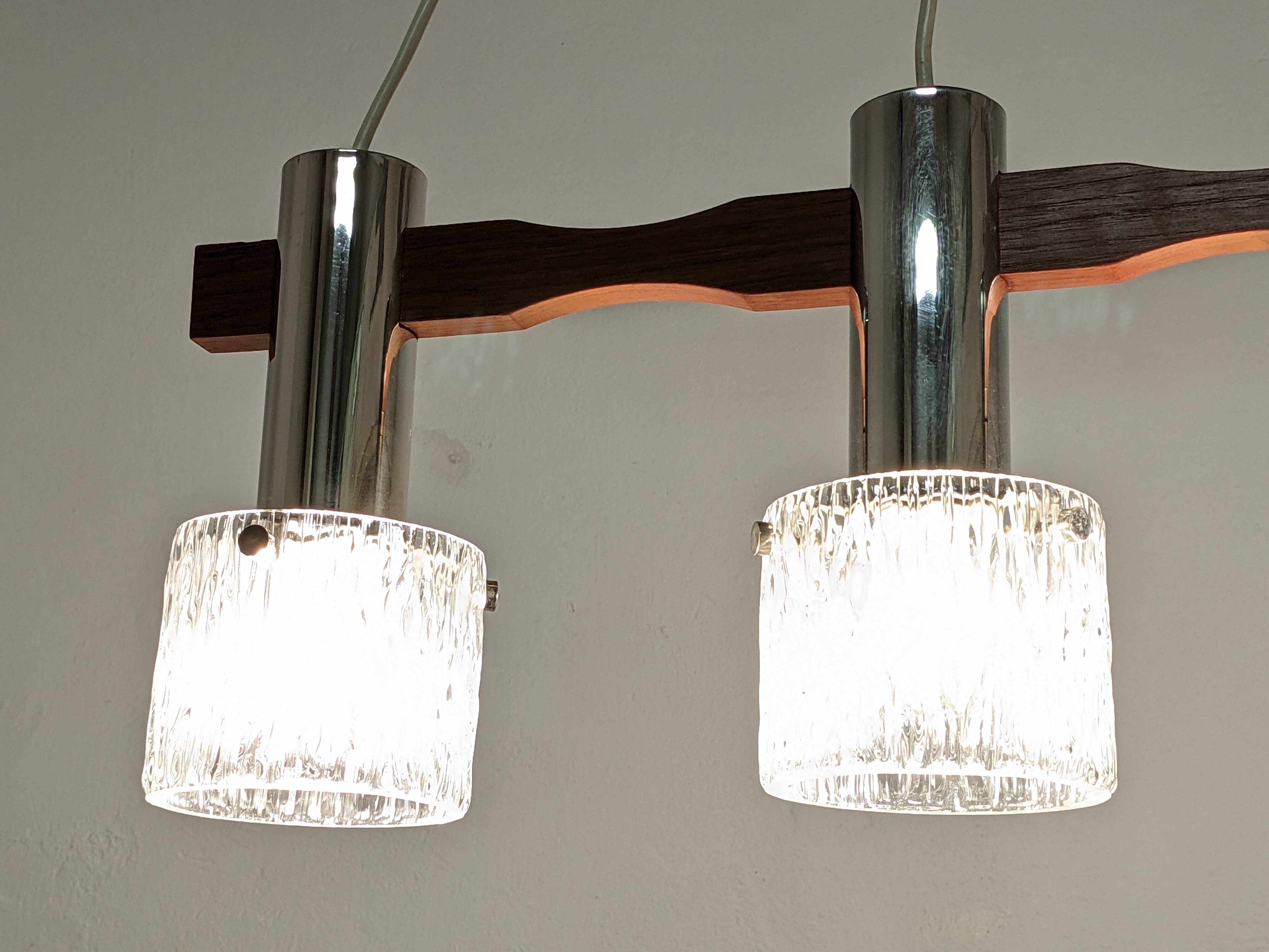 Scandinavian chandelier with 3 lights in teak and glass from the 60s/70s