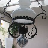 Vintage opaline and ceramic wrought iron chandelier