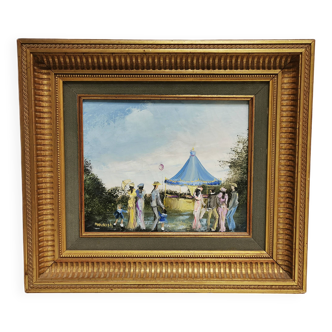 Painting signed mariwich garden party. golden frame