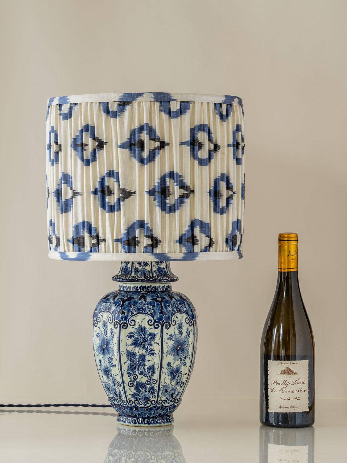 Hand-Painted Ceramic Table Lamp in Delft Blue and White with Ikat Shade