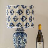 Hand-Painted Ceramic Table Lamp in Delft Blue and White with Ikat Shade
