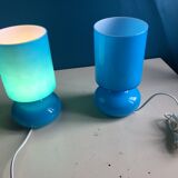 Two handmade IKEA 1980 blue glass candy lamps