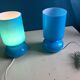Two handmade IKEA 1980 blue glass candy lamps