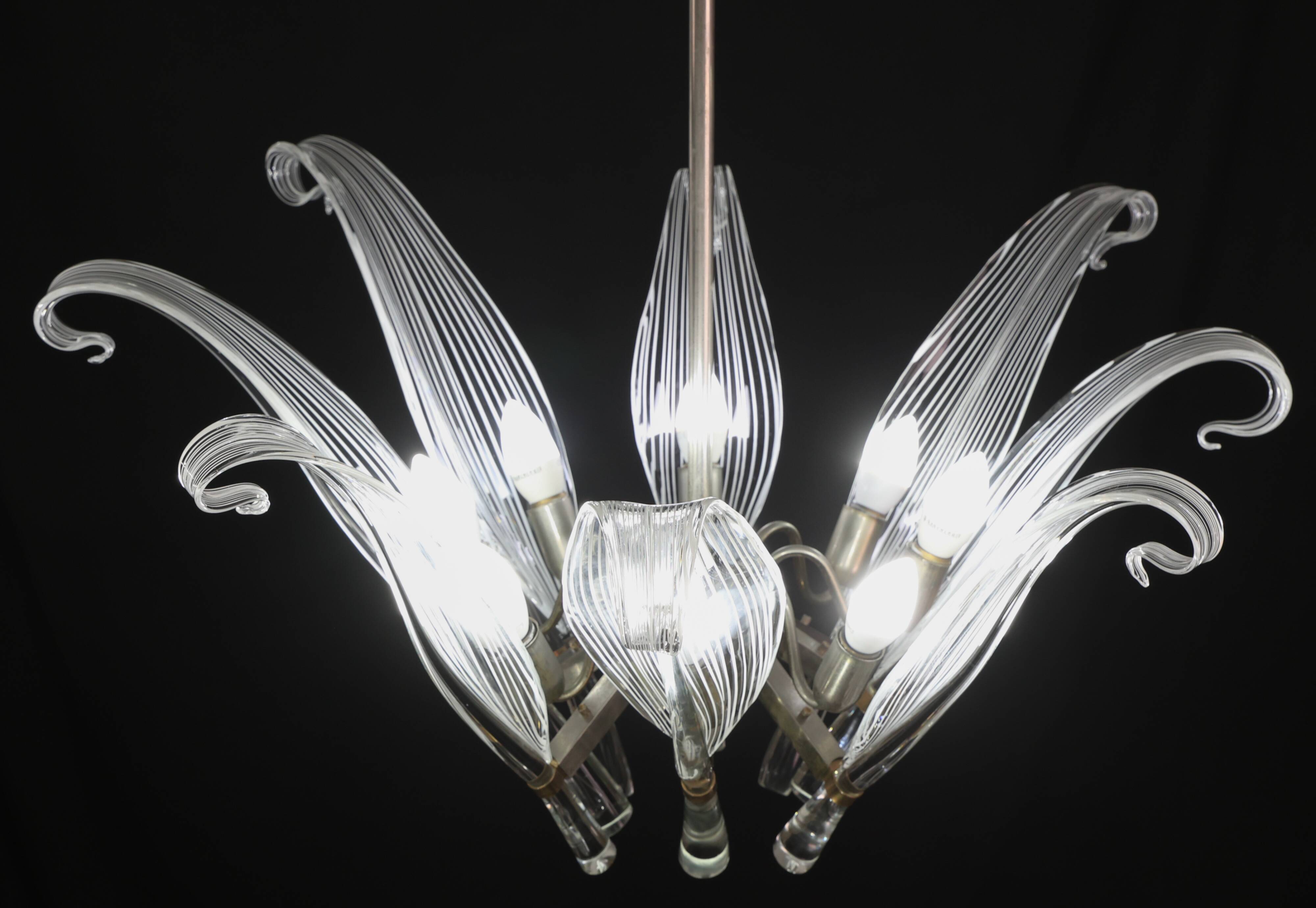Extraordinary Large Transparent Murano Glass Leaves Chandelier by Franco Lu