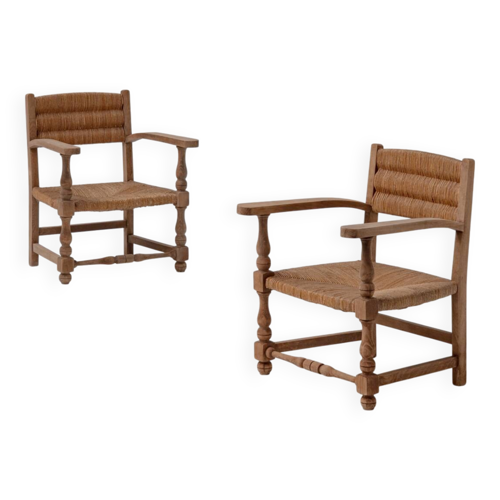 Pair of Rustic French Oak & Rush Armchairs, 1950s