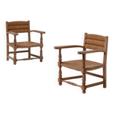 Pair of Rustic French Oak & Rush Armchairs, 1950s