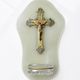Antique wall-mounted font in green onyx, crucifix in metal and cut glass/crystal.