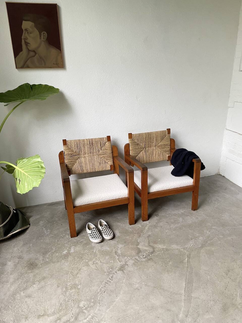 Pair of oak and straw armchairs, reconstruction style