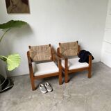 Pair of oak and straw armchairs, reconstruction style