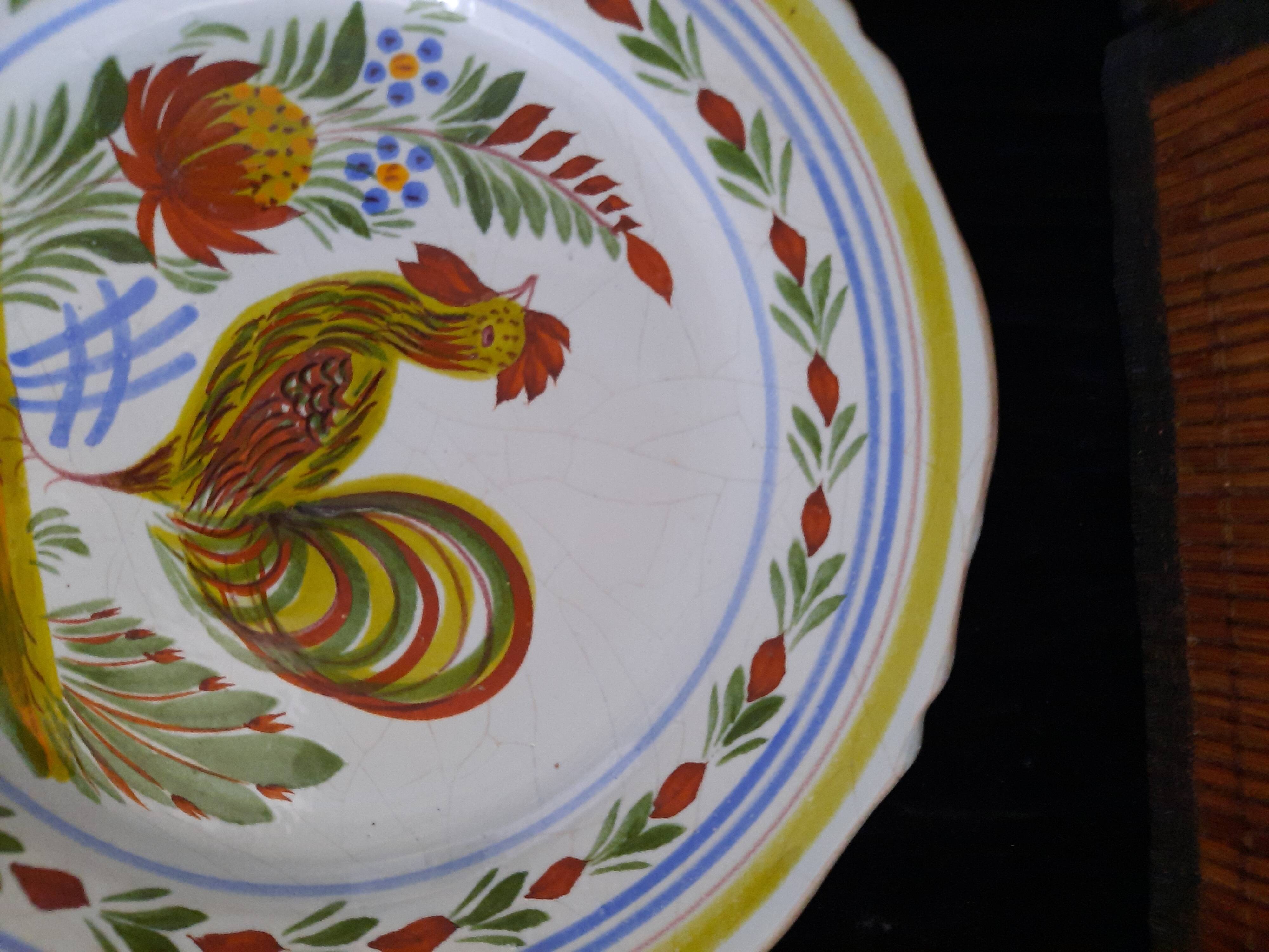 Old HB Quimper Plate Traditional Hand-Painted Rooster Decoration Earthenware 25cm