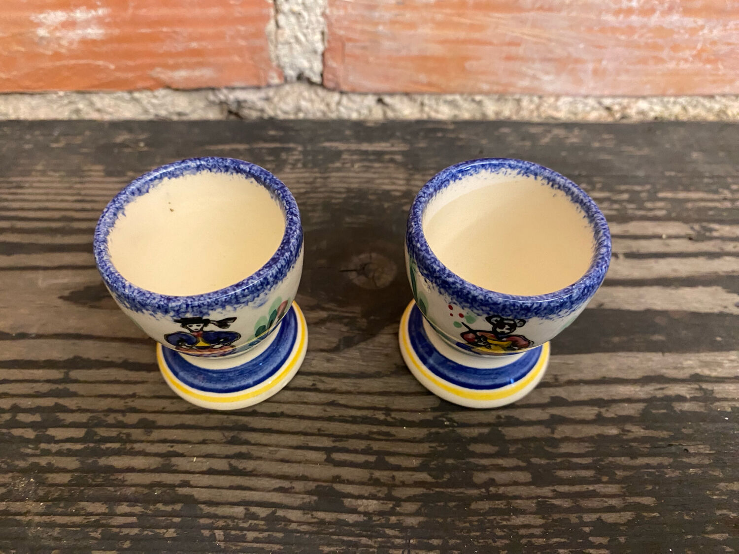 Pair of Antique Quimper Pornic Painted Ceramic Egg Cups Vintage