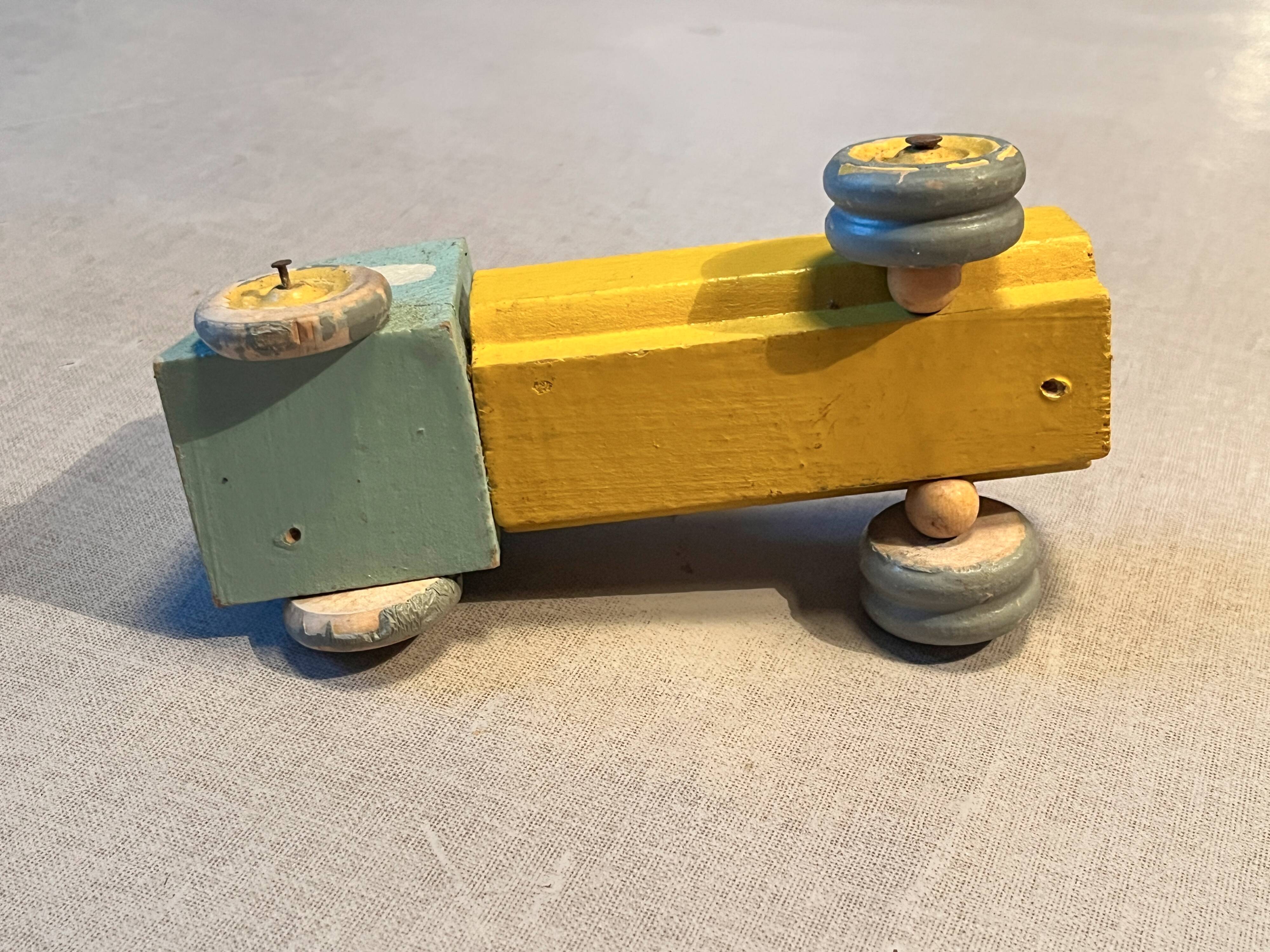 Yellow/grey wooden flatbed truck, vintage toy