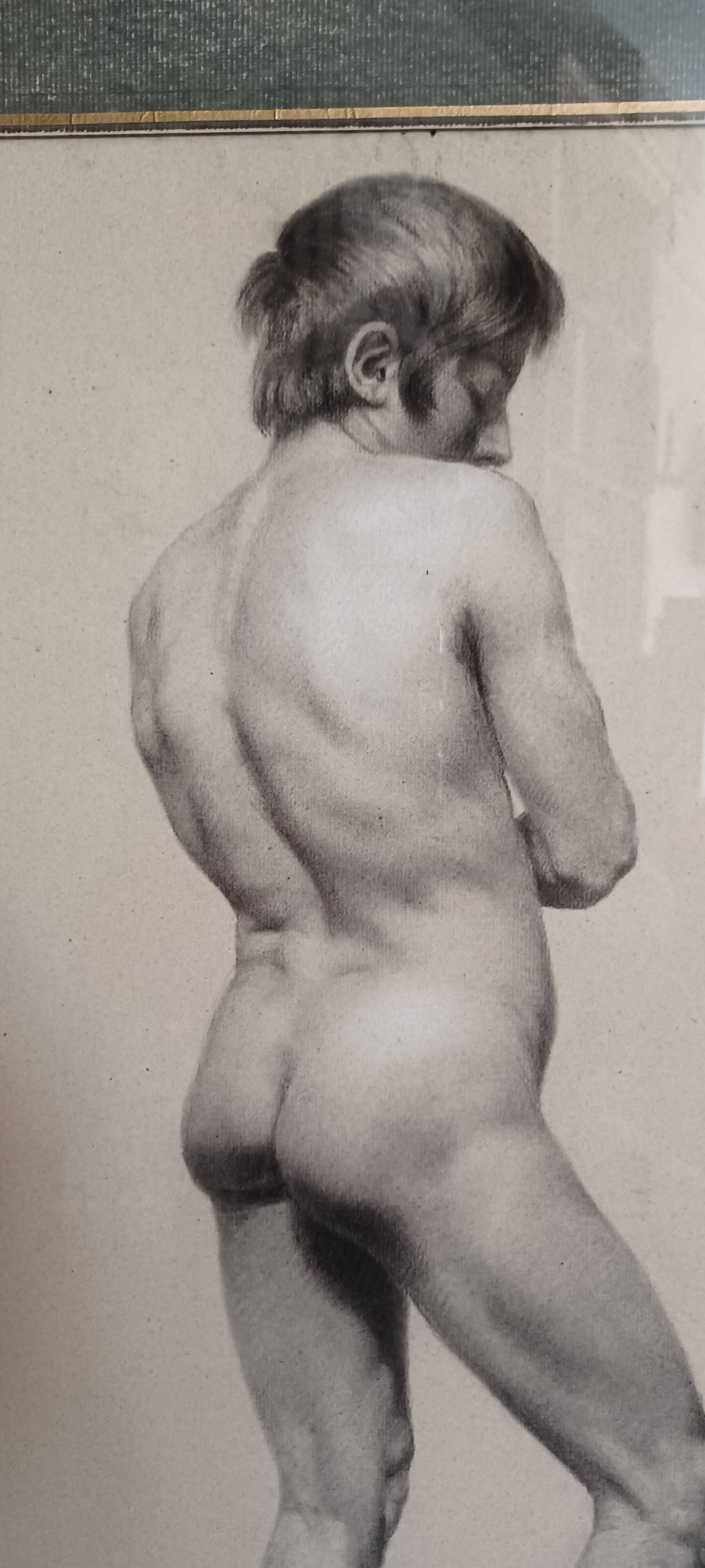 Drawing of a male nude in charcoal - academy signed and dated