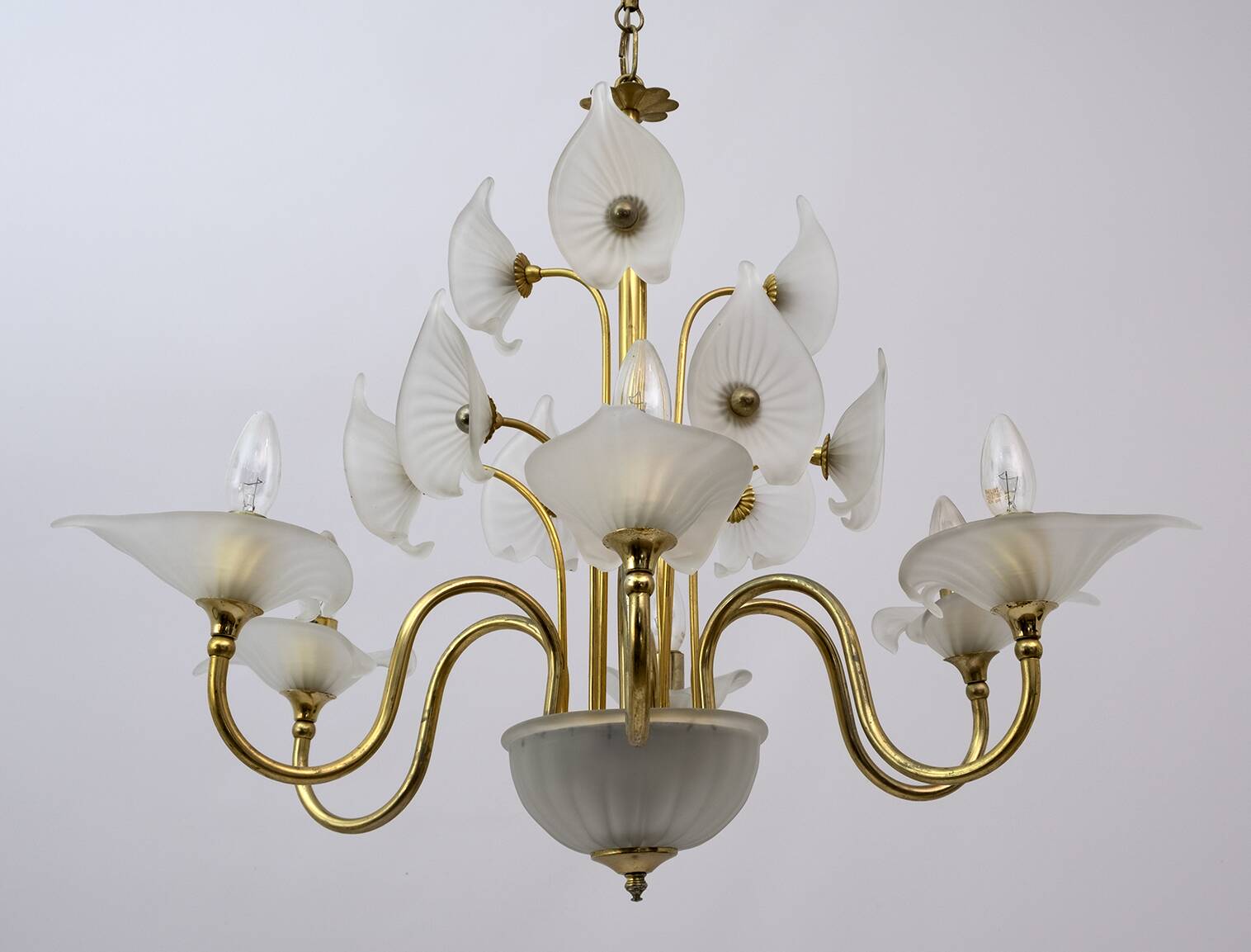 Mid-Century Modern Italian Murano Lattimo and Brass Chandelier, 1970s