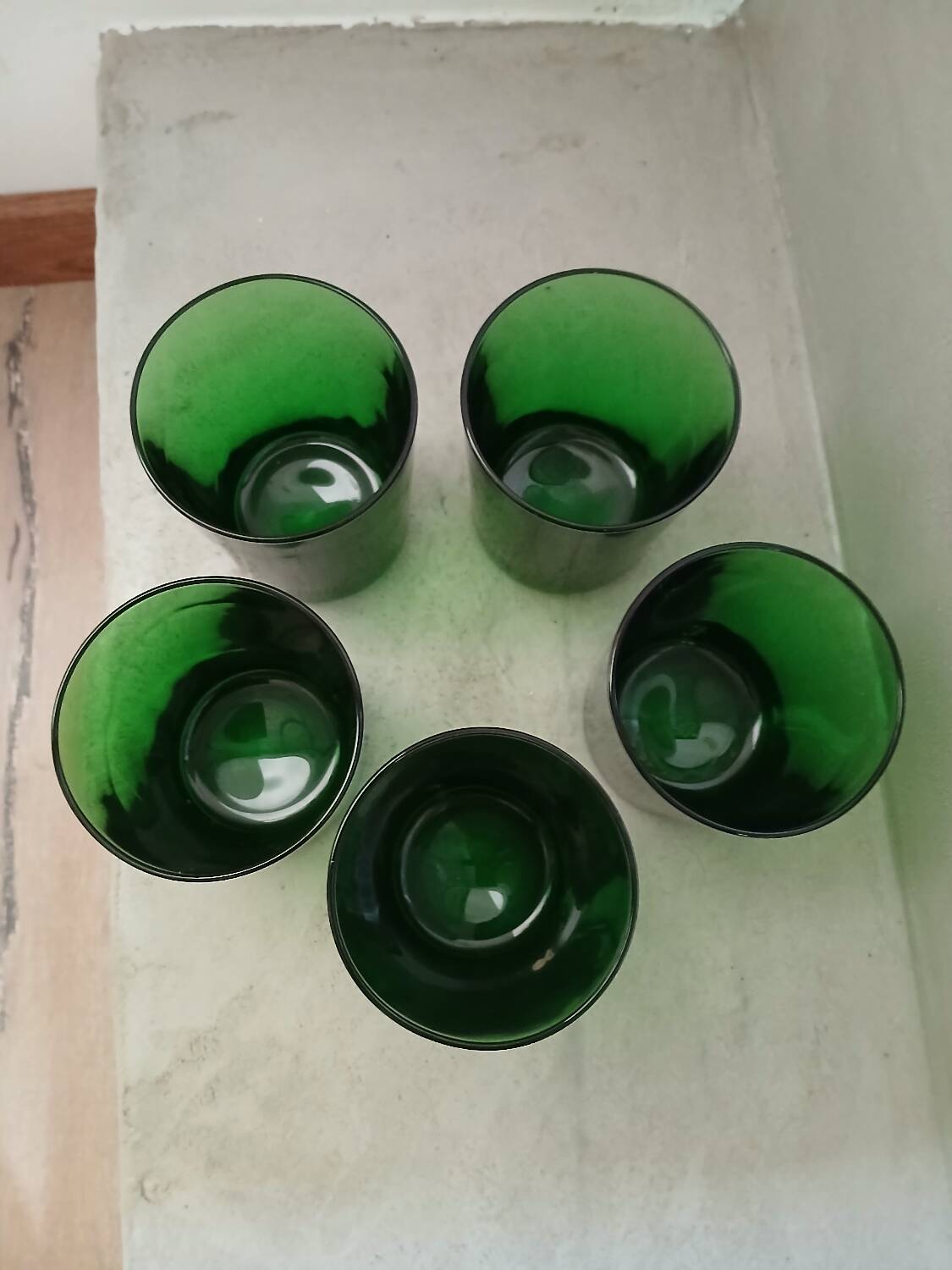 5 old green water glasses