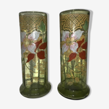 Green and enamelled glass vases