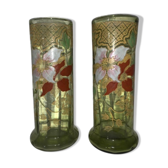 Green and enamelled glass vases