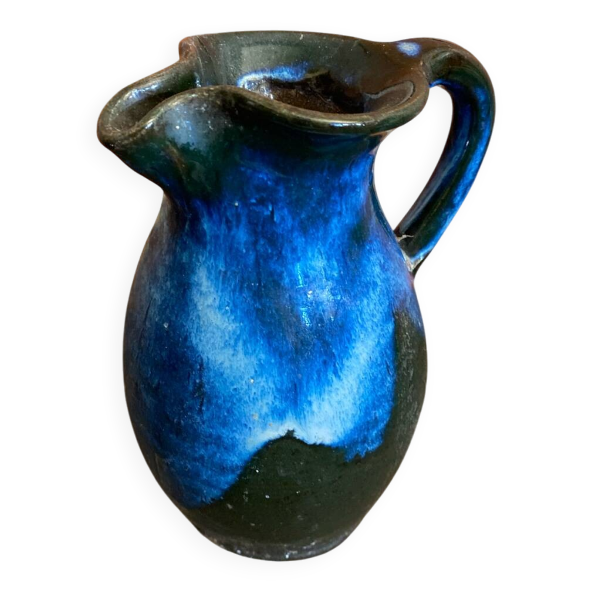 Vintage 1970s Black and Blue Glazed Stoneware Jug