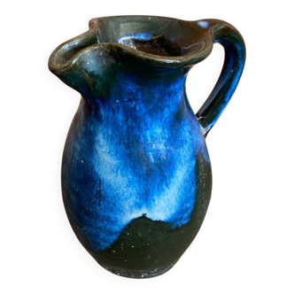 Vintage 1970s Black and Blue Glazed Stoneware Jug