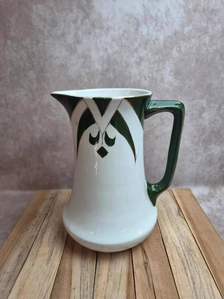 Vintage Art Deco toilet jug – Green and gold geometric design – Vintage vase