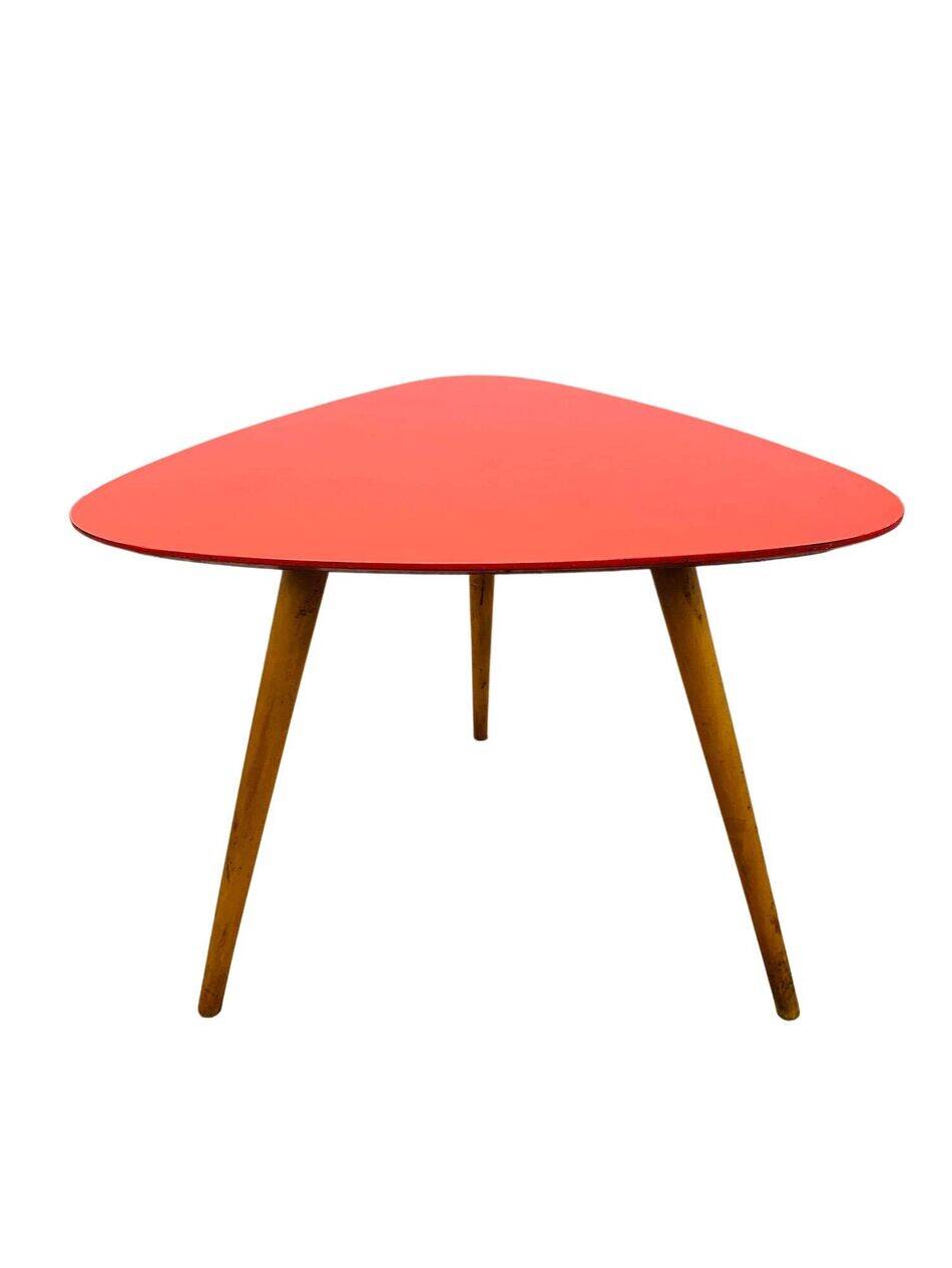 Steiner tripod side table by Baumann, wood, red top, 60s