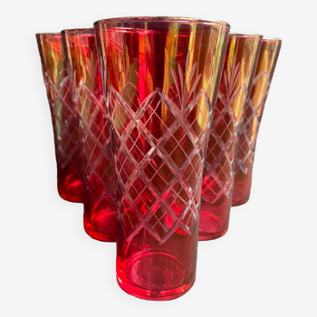 6 verres rouges taillés à orangeade – milieu XXème