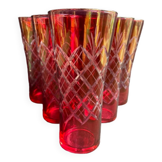 6 verres rouges taillés à orangeade – milieu XXème