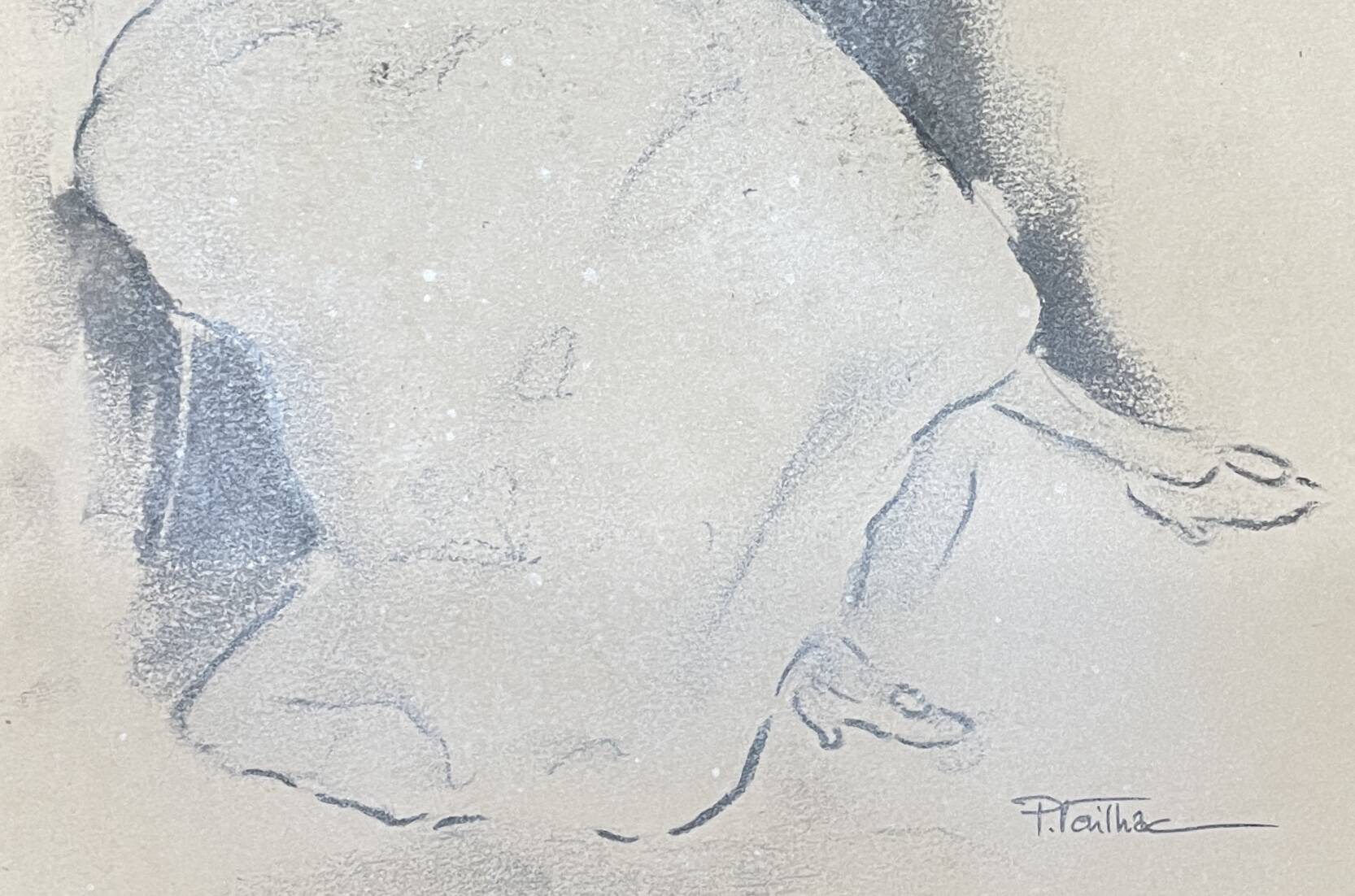 Tableau signé fusain « femme à l’éventail »