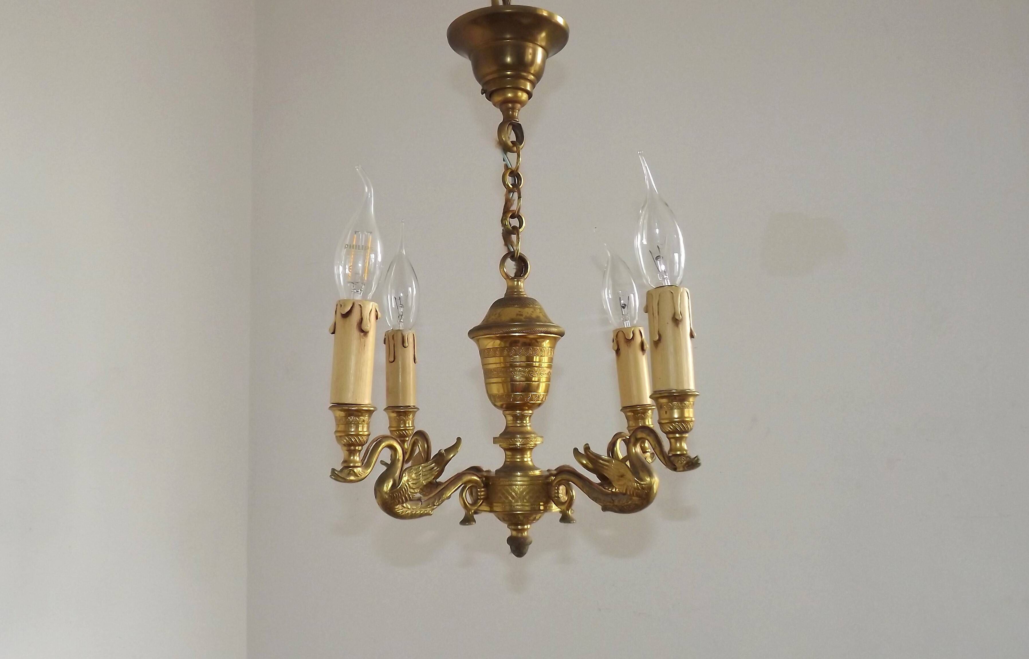 French Empire Style Bronze 4-Light Chandelier with Swan Detail Arms
