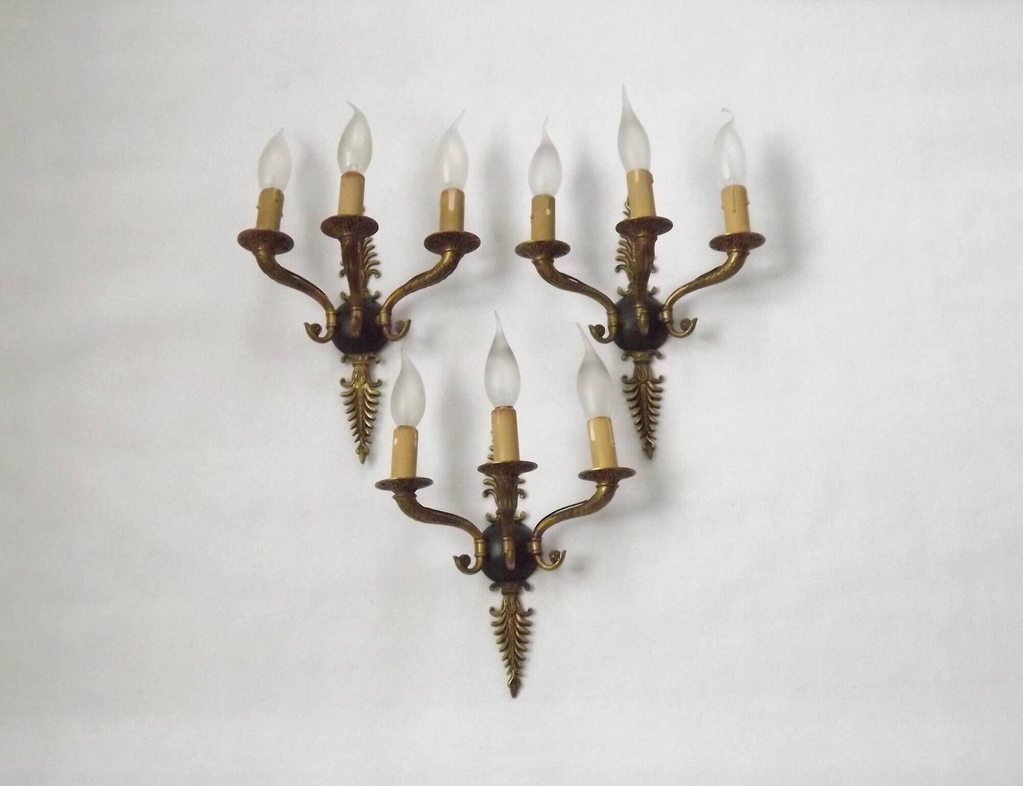 Set of 3 Bronze French Empire Style Triple Light Wall Sconces Neoclassical