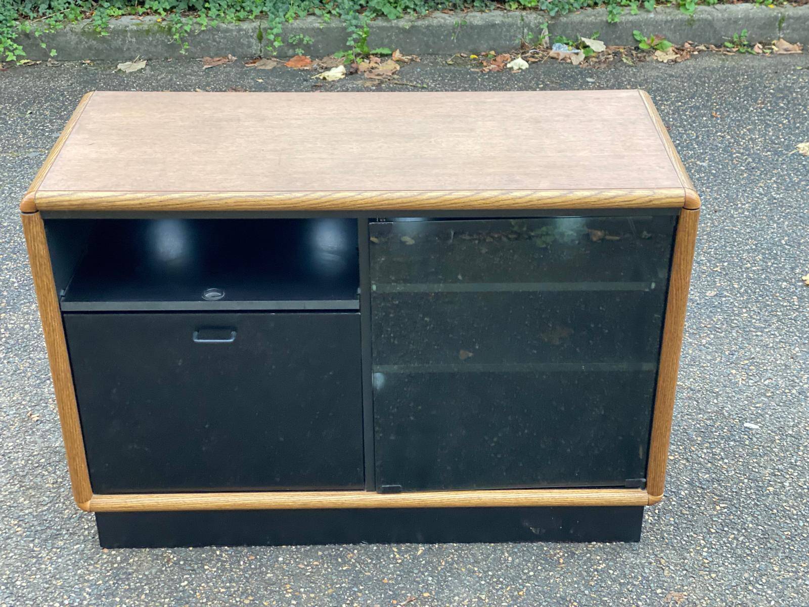 Vintage wood and black glass TV cabinet buffet