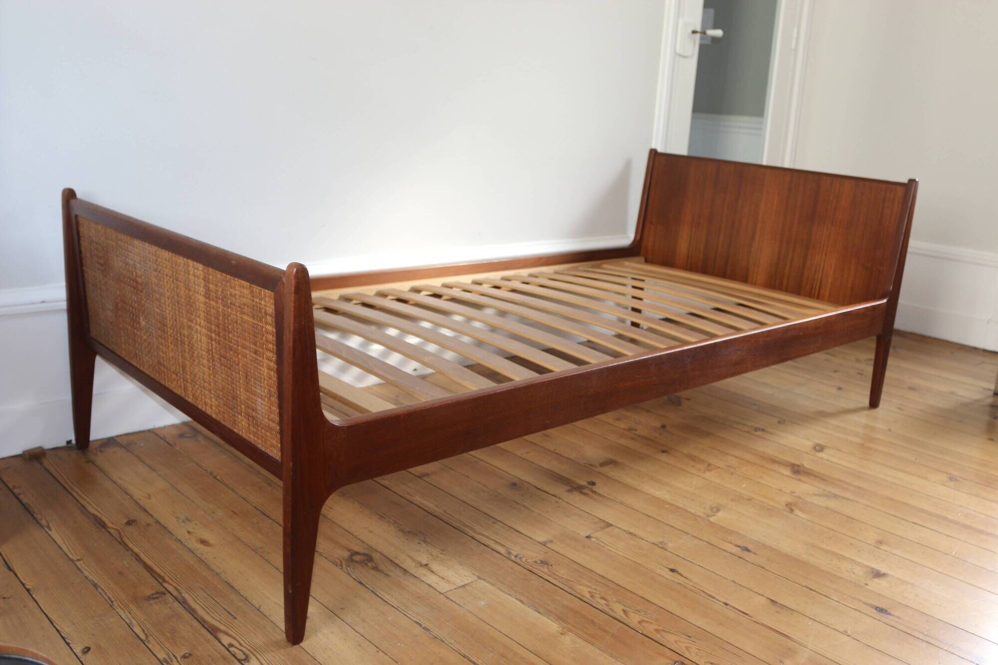 Vintage Scandinavian wicker and teak bed, Denmark 1960.