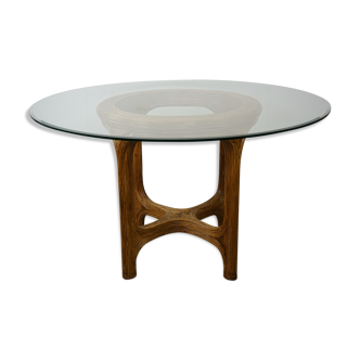 Table 60s rattan marquetry and beveled glass top round