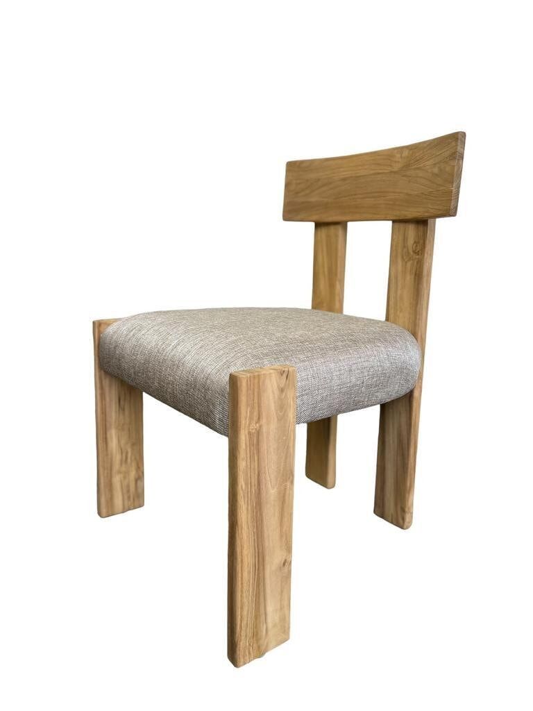 Solid wood chair with a linen-look seat.
