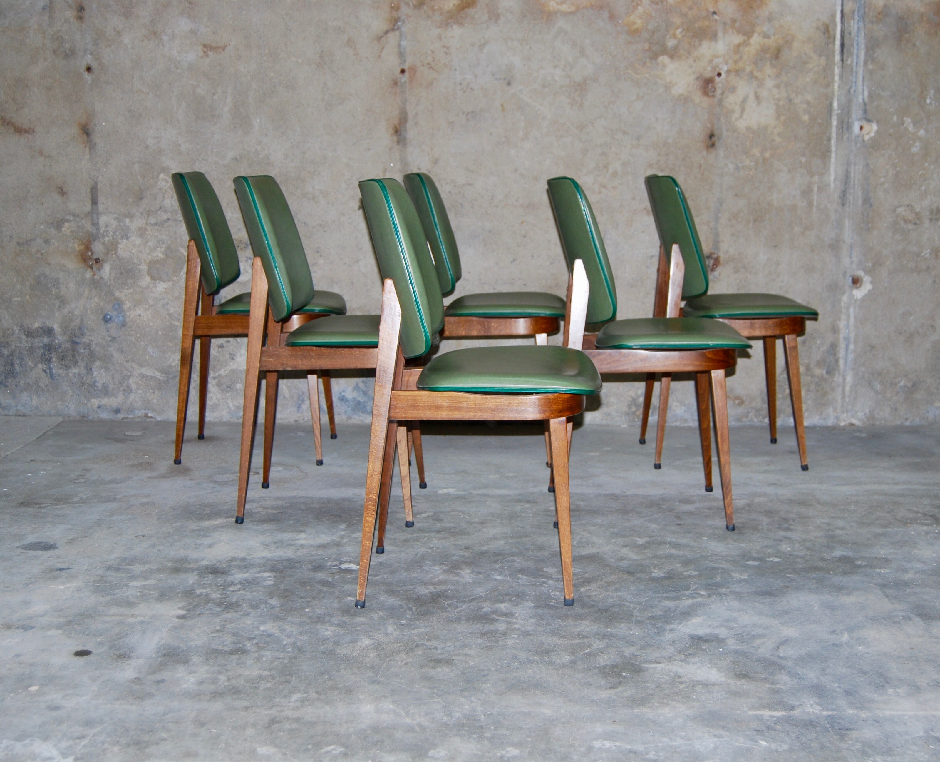Set of 6 vintage dining room chairs in green skai