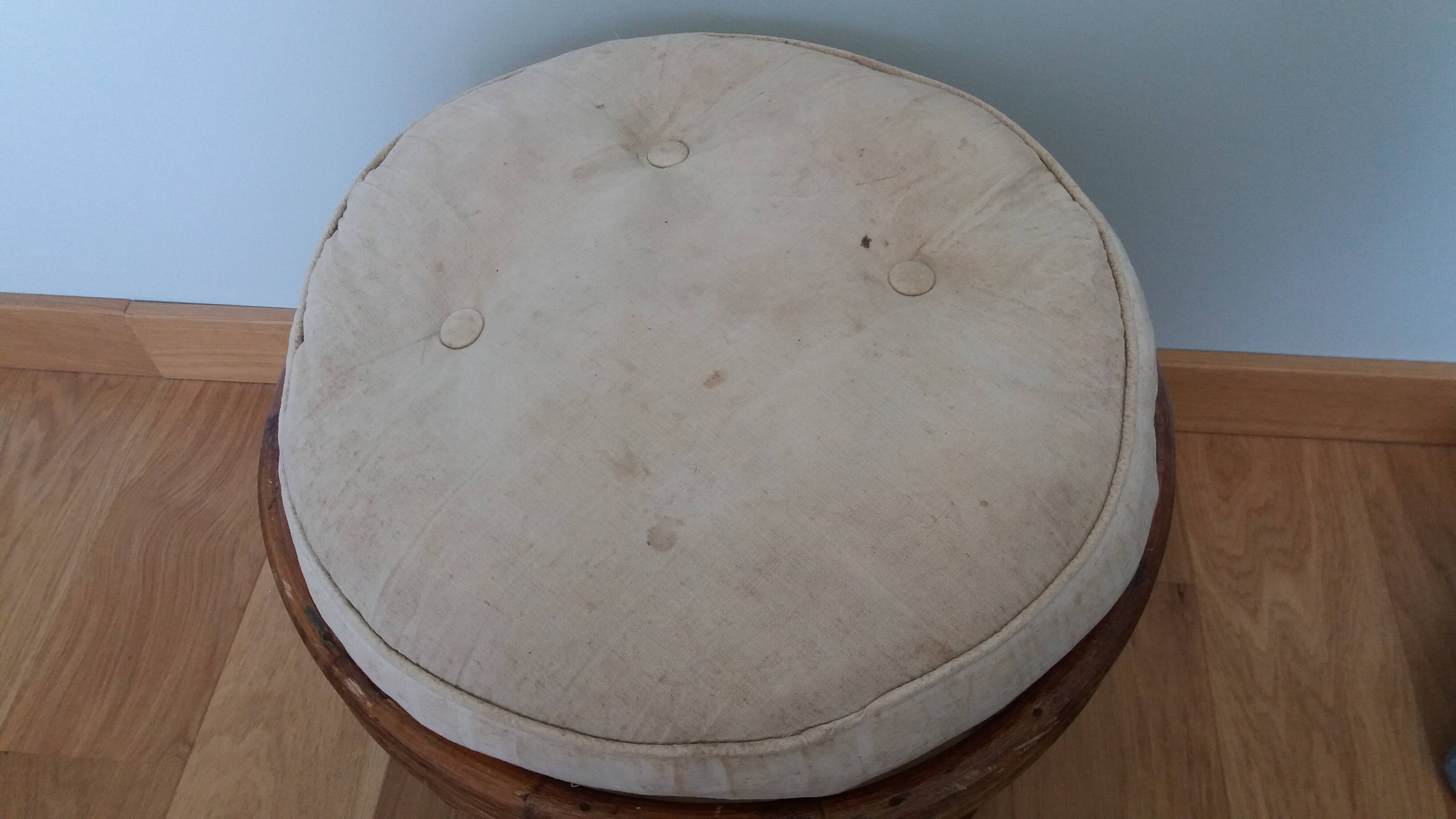 Rattan wicker pouffe from the 70s with cushion.